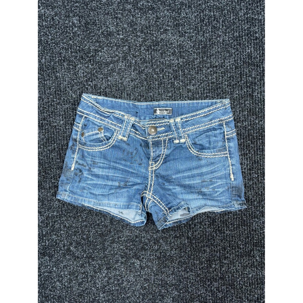 Soundgirl Womens Size 7 Denim Shorts Blue Thick Stitch Y2K Low Rise Tie Dye